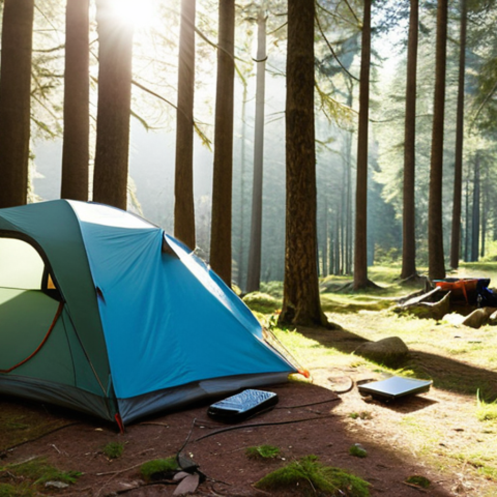 **

A serene campsite scene in the Black Forest, Germany. A person is using a portable solar panel to charge a smartphone. Quality hiking gear is neatly organized beside a lightweight tent. The focus is on minimalism and functionality. Sunlight streams through the trees.

**