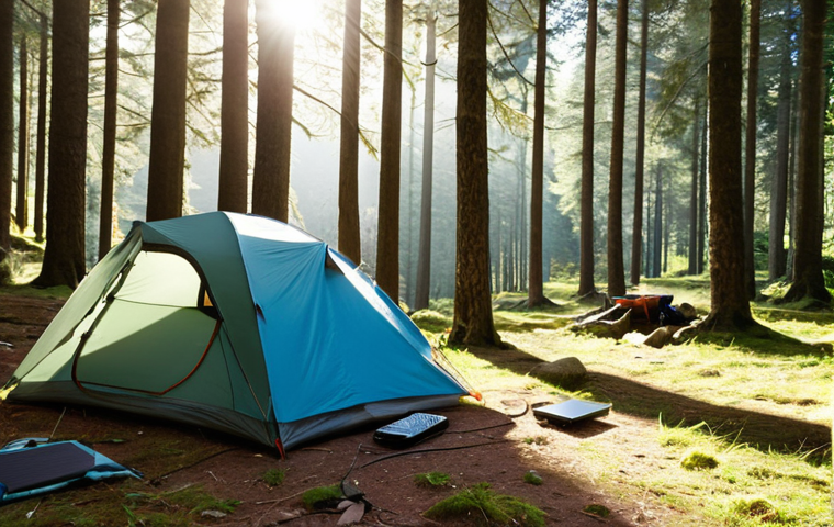**

A serene campsite scene in the Black Forest, Germany. A person is using a portable solar panel to charge a smartphone. Quality hiking gear is neatly organized beside a lightweight tent. The focus is on minimalism and functionality. Sunlight streams through the trees.

**