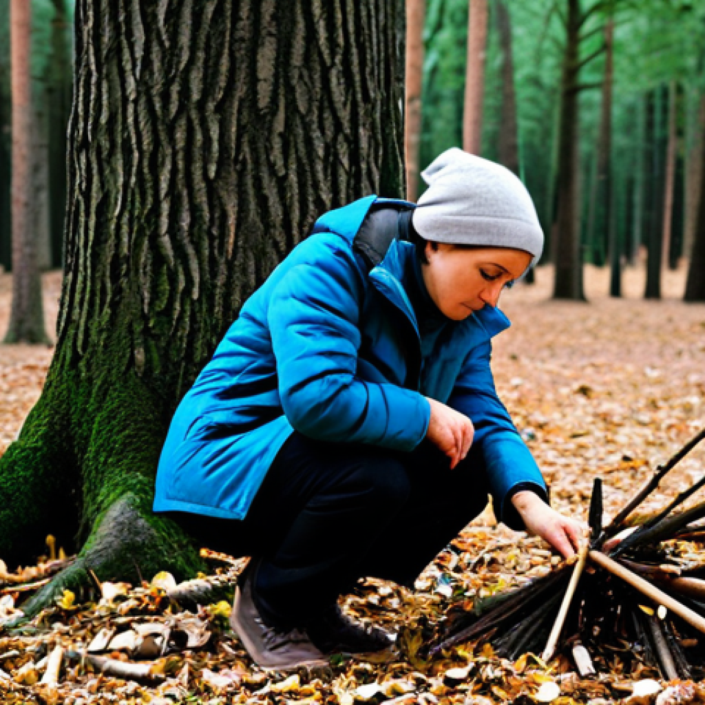 A focused adult, gender-neutral, dressed in durable, modest outdoor clothing, kneeling down, carefully examining and selecting small, dry branches for kindling from the forest floor, or from a protected spot under a large tree. A serene, temperate European forest at dusk, with soft, ambient lighting filtering through the tree canopy. The ground is clear of excess dry leaves around the immediate area. Perfect anatomy, correct proportions, natural pose, well-formed hands, proper finger count, professional outdoor photography, high resolution, realistic, fully clothed, appropriate attire, modest clothing, safe for work, appropriate content, family-friendly.