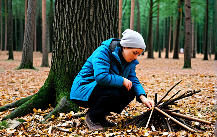 A focused adult, gender-neutral, dressed in durable, modest outdoor clothing, kneeling down, carefully examining and selecting small, dry branches for kindling from the forest floor, or from a protected spot under a large tree. A serene, temperate European forest at dusk, with soft, ambient lighting filtering through the tree canopy. The ground is clear of excess dry leaves around the immediate area. Perfect anatomy, correct proportions, natural pose, well-formed hands, proper finger count, professional outdoor photography, high resolution, realistic, fully clothed, appropriate attire, modest clothing, safe for work, appropriate content, family-friendly.