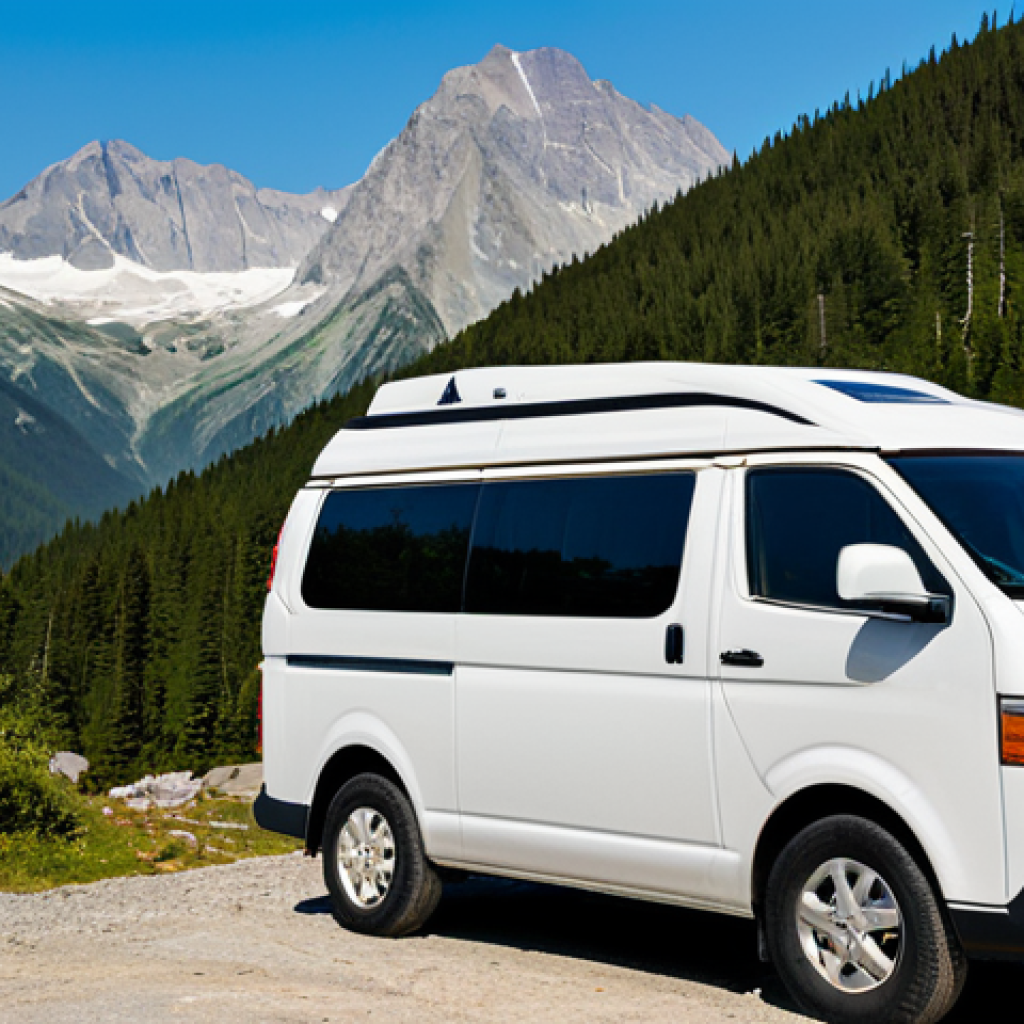 A professional adult traveler, dressed in modest outdoor and travel attire, stands beside a modern, well-maintained camper van. They are wearing a long-sleeved shirt, durable hiking pants, and sturdy boots. Their clothing is fully clothed and appropriate attire. The van is parked in a breathtaking natural landscape, with majestic mountains in the background and a dense forest nearby. Flexible solar panels are clearly visible on the van's roof, subtly reflecting the sunlight. The traveler is looking towards the van's roof, perhaps checking the solar array, with a calm and confident expression. The image is captured with professional photography standards, emphasizing high-quality textures and natural lighting. The subject exhibits perfect anatomy, correct proportions, well-formed hands, and a proper finger count, in a natural pose. This image is safe for work, appropriate content, fully clothed, and family-friendly.