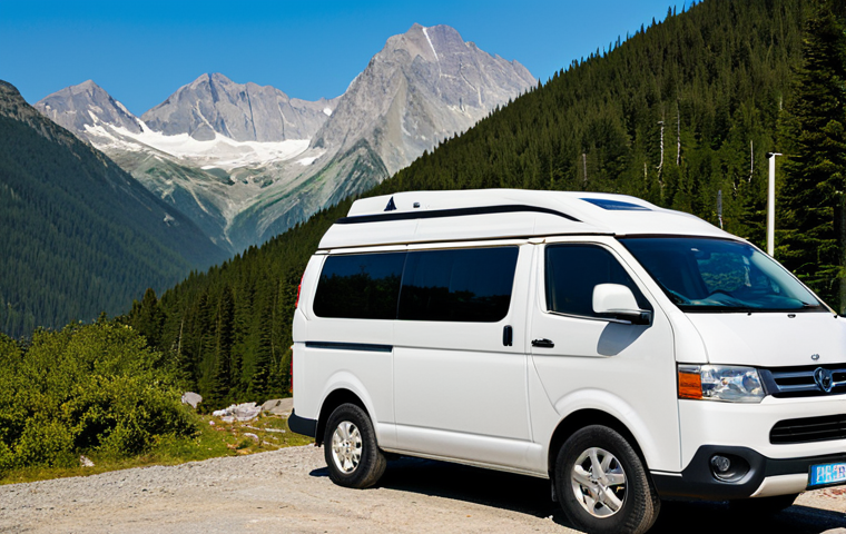 A professional adult traveler, dressed in modest outdoor and travel attire, stands beside a modern, well-maintained camper van. They are wearing a long-sleeved shirt, durable hiking pants, and sturdy boots. Their clothing is fully clothed and appropriate attire. The van is parked in a breathtaking natural landscape, with majestic mountains in the background and a dense forest nearby. Flexible solar panels are clearly visible on the van's roof, subtly reflecting the sunlight. The traveler is looking towards the van's roof, perhaps checking the solar array, with a calm and confident expression. The image is captured with professional photography standards, emphasizing high-quality textures and natural lighting. The subject exhibits perfect anatomy, correct proportions, well-formed hands, and a proper finger count, in a natural pose. This image is safe for work, appropriate content, fully clothed, and family-friendly.