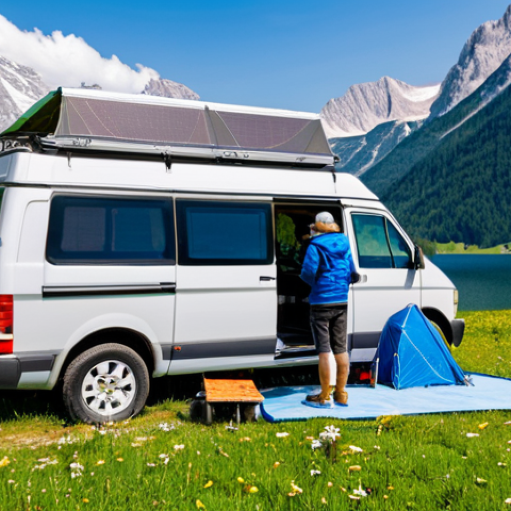 **
A fully equipped off-grid camper van parked beside a crystal-clear Alpine lake in Bavaria. Solar panels are visible on the roof. The van is surrounded by lush green meadows and snow-capped mountains in the distance. A woman, fully clothed in hiking gear, is checking a map. Focus on the sustainable setup and the beauty of the natural landscape. Perfect anatomy, correct proportions, natural pose, well-formed hands, proper finger count, professional photography, high quality, safe for work, appropriate content, fully clothed, family-friendly.
**
