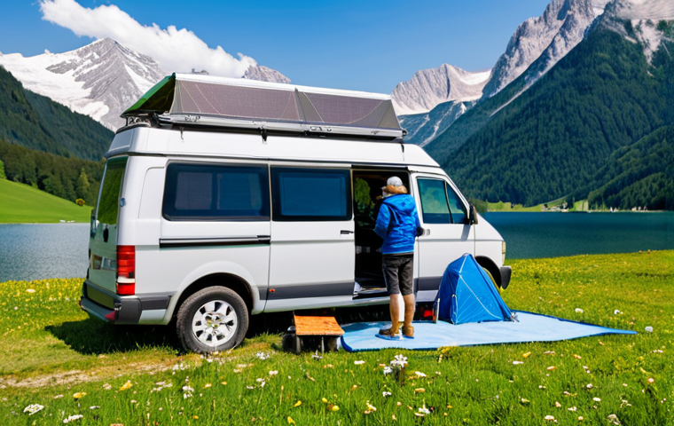 **
A fully equipped off-grid camper van parked beside a crystal-clear Alpine lake in Bavaria. Solar panels are visible on the roof. The van is surrounded by lush green meadows and snow-capped mountains in the distance. A woman, fully clothed in hiking gear, is checking a map. Focus on the sustainable setup and the beauty of the natural landscape. Perfect anatomy, correct proportions, natural pose, well-formed hands, proper finger count, professional photography, high quality, safe for work, appropriate content, fully clothed, family-friendly.
**