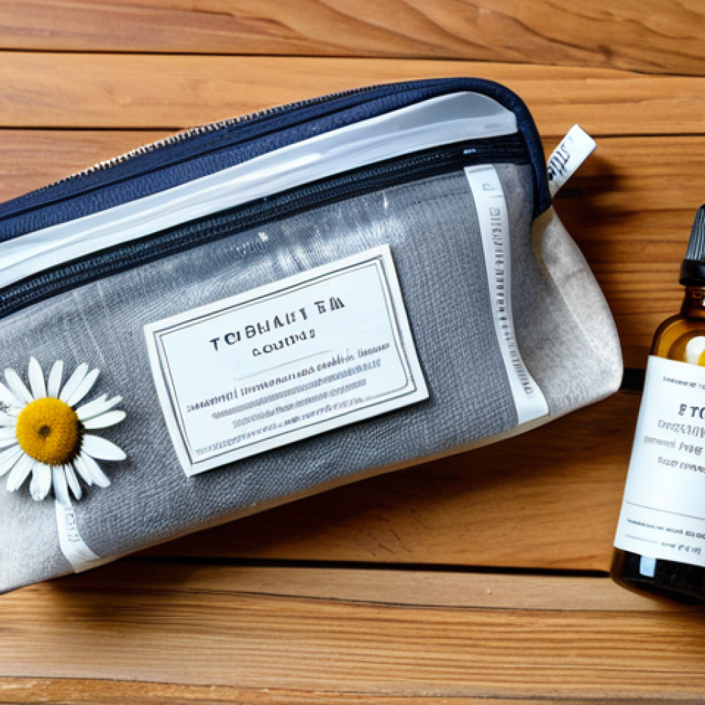 Minimalist Travel Apothecary**
"A small, transparent toiletry bag containing essential travel medications in labeled containers, fully clothed, alongside natural remedies like chamomile tea bags and a small bottle of essential oil, arranged neatly on a wooden table. Background features a bright, clean interior. safe for work, appropriate content, professional, perfect anatomy, natural proportions, high quality, well-formed hands, proper finger count, modest."
**