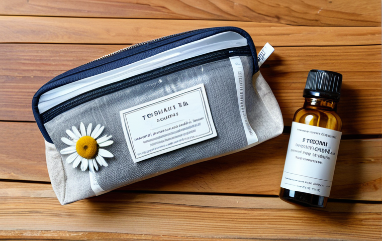 Minimalist Travel Apothecary**
"A small, transparent toiletry bag containing essential travel medications in labeled containers, fully clothed, alongside natural remedies like chamomile tea bags and a small bottle of essential oil, arranged neatly on a wooden table. Background features a bright, clean interior. safe for work, appropriate content, professional, perfect anatomy, natural proportions, high quality, well-formed hands, proper finger count, modest."
**