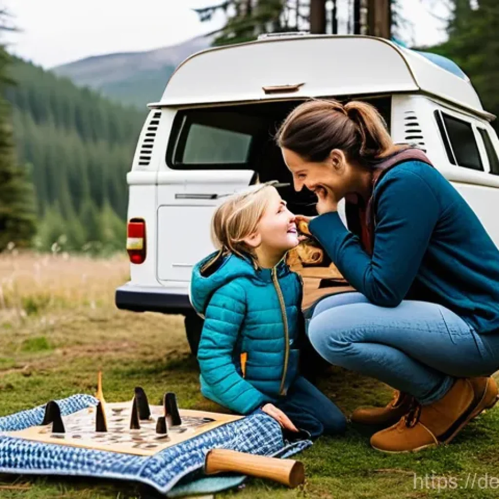 오프그리드 여행을 위한 가족 규칙 설정 - **Prompt:** A cheerful family, including parents and two children (aged approximately 6 and 9), are ...