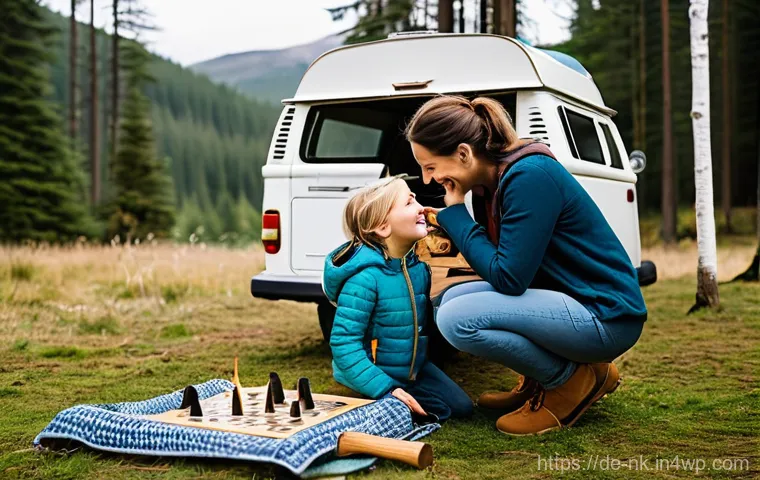 오프그리드 여행을 위한 가족 규칙 설정 - **Prompt:** A cheerful family, including parents and two children (aged approximately 6 and 9), are ...