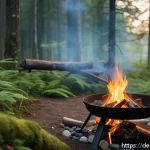 Home 21 오프그리드 여행 중 음식 조리 방법 - A serene outdoor camping scene in a dense German forest during early evening, featuring a wind-prote...