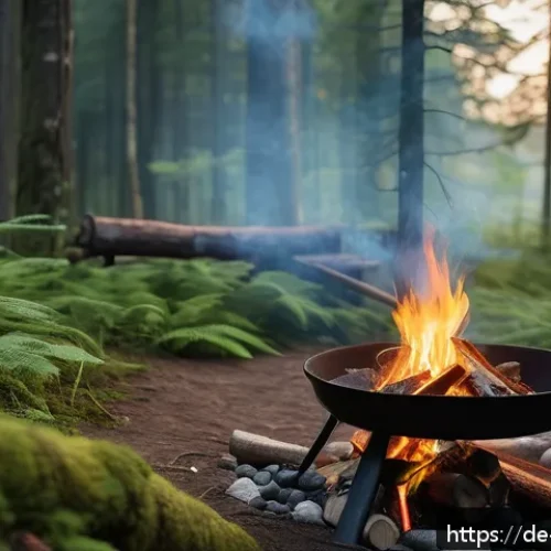 Home 31 오프그리드 여행 중 음식 조리 방법 - A serene outdoor camping scene in a dense German forest during early evening, featuring a wind-prote...