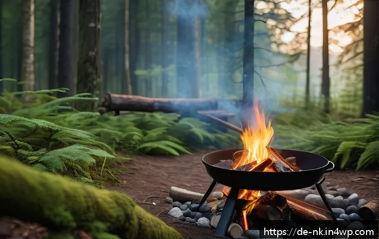 오프그리드 여행 중 음식 조리 방법 - A serene outdoor camping scene in a dense German forest during early evening, featuring a wind-prote...