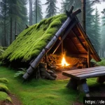 Home 20 오프그리드 여행 중 자연의 법칙 배우기 - A serene off-grid campsite at dawn in the German Black Forest, showing a small handmade wooden shelt...