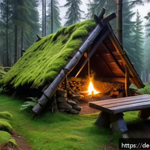 Home 30 오프그리드 여행 중 자연의 법칙 배우기 - A serene off-grid campsite at dawn in the German Black Forest, showing a small handmade wooden shelt...
