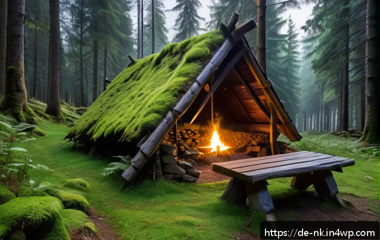 오프그리드 여행 중 자연의 법칙 배우기 - A serene off-grid campsite at dawn in the German Black Forest, showing a small handmade wooden shelt...