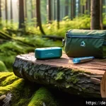 Home 19 오프그리드 여행을 위한 계획서 작성하기 - A detailed outdoor camping scene at dusk in a dense European forest, featuring a waterproof tent pit...