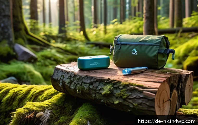 오프그리드 여행을 위한 계획서 작성하기 - A detailed outdoor camping scene at dusk in a dense European forest, featuring a waterproof tent pit...