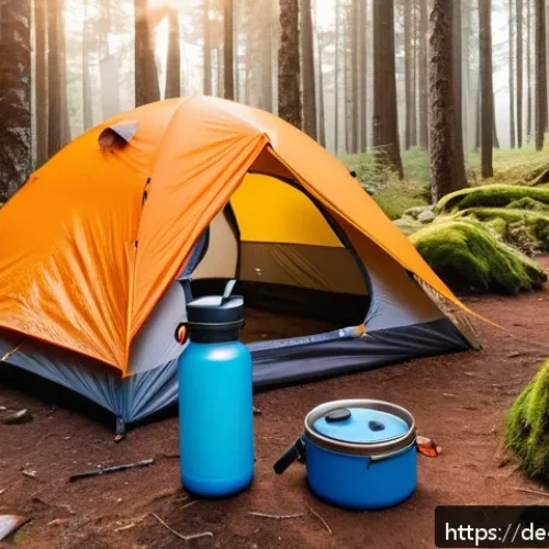 Home 28 자연의 소리를 즐기는 오프그리드 여행 - A serene offgrid camping scene in a remote German forest during early morning light, featuring a hig...