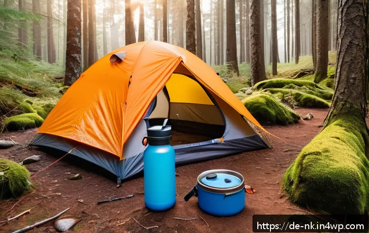 자연의 소리를 즐기는 오프그리드 여행 - A serene offgrid camping scene in a remote German forest during early morning light, featuring a hig...