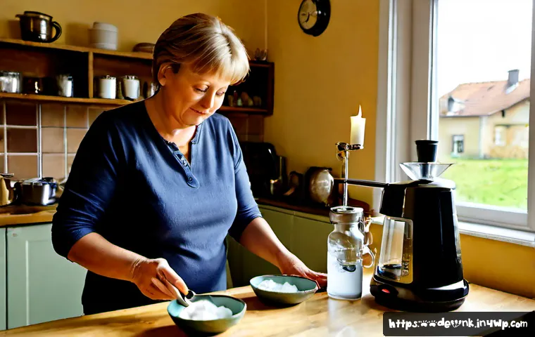 Home 17 전기 없이 생활하기 위한 방법 - Photorealistic German household preparing for a day without electricity, middle-aged couple in a tid...