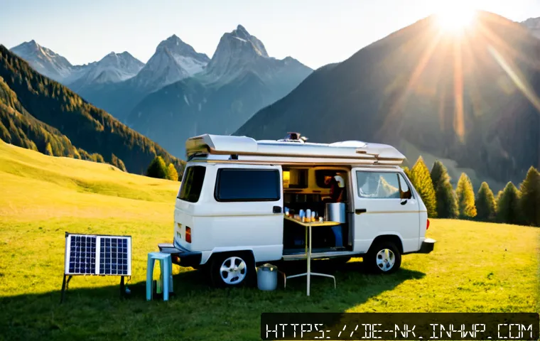 여행 중 오프그리드 생활의 긍정적 영향 - Photorealistic travel lifestyle scene in the German Alps, a middle-aged couple beside a compact camp...